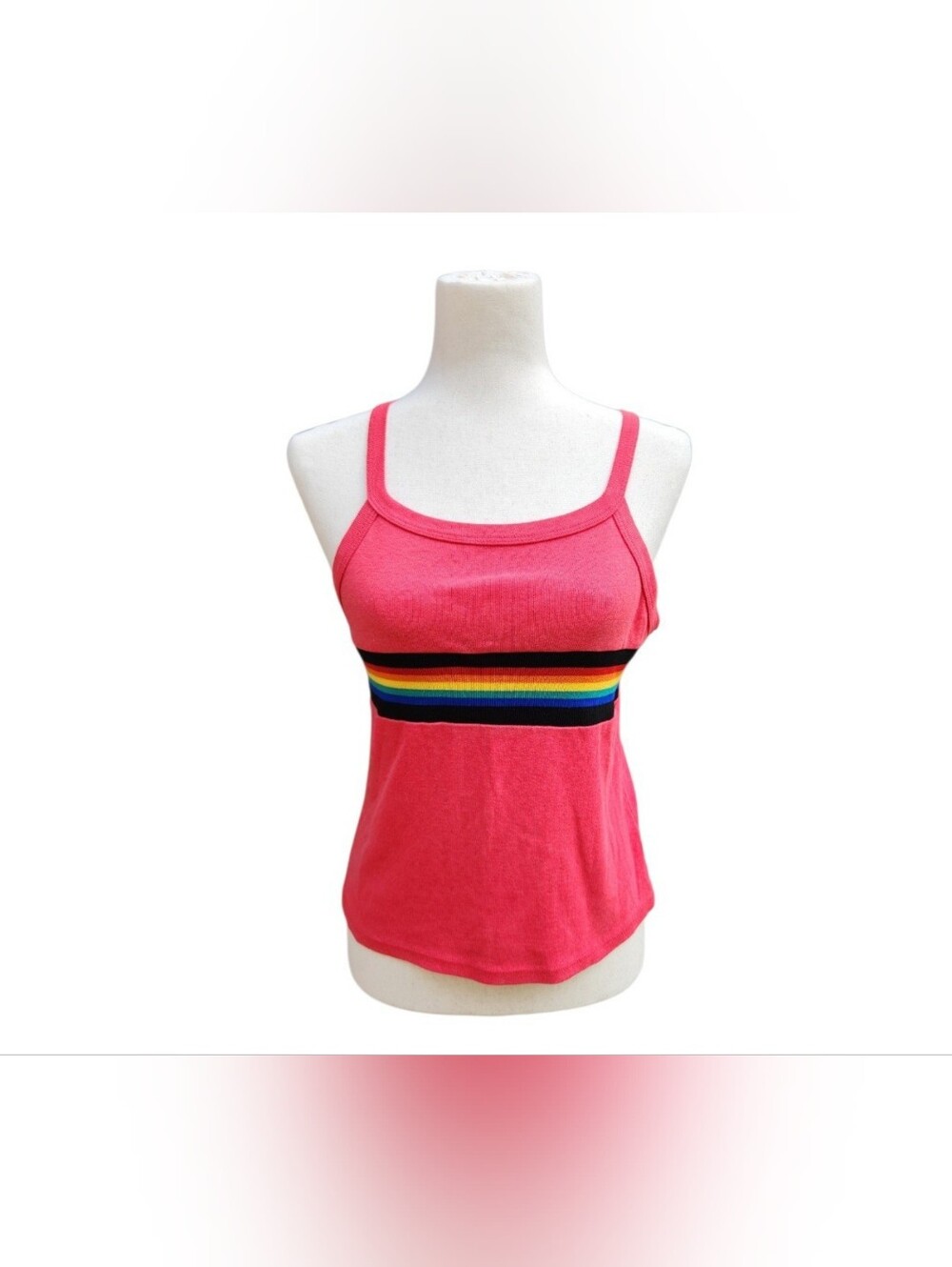 Vintage Y2K Red Tank Top Rainbow Stripe Cami Rave Festival Retro XS Hippie